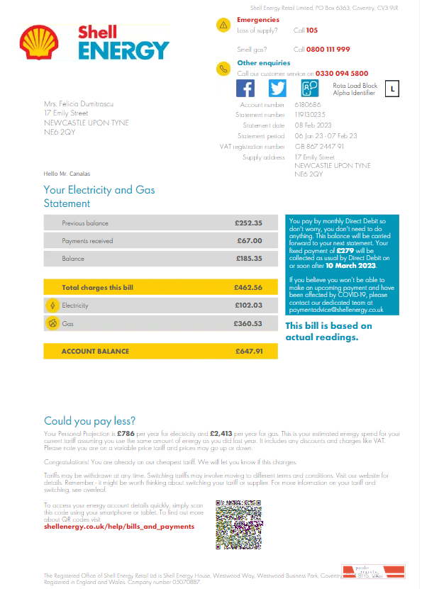UNITED KINGDOM SHELL ENERGY utility bill template Word and PDF template